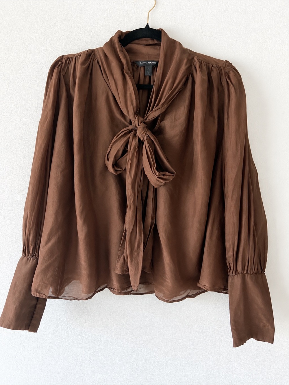Banana Republic Silk Cotton Tie Neck Bow Blouse Brown Size M